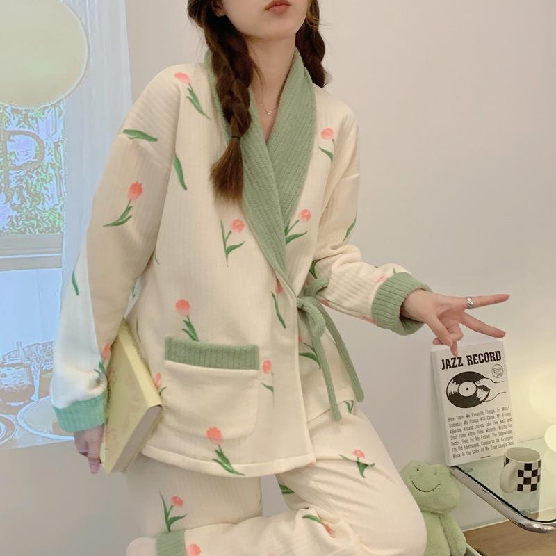 パジャマ レディース 授乳服 秋冬 長袖 前開き 妊婦 産後 2点セット 厚手 あったか ポリエステル100% ..