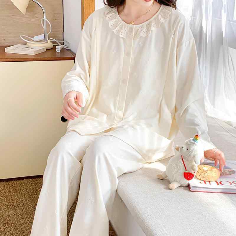 マタニティウェア レディース 授乳服 綿 100% 産後 パジャマ 春秋 長袖 長ズボン 杏色 かわいい 部屋着..