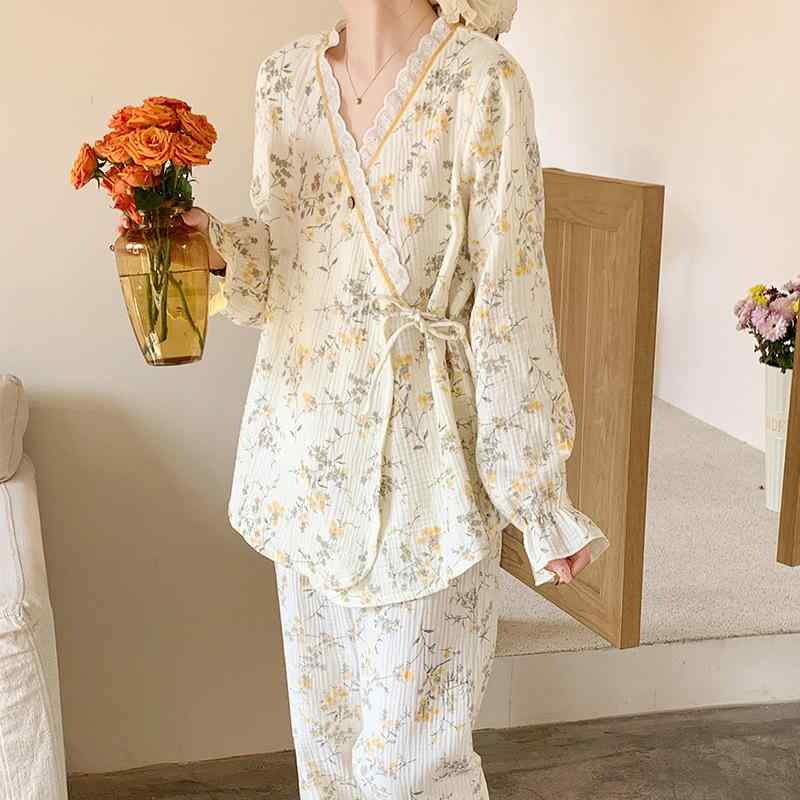 マタニティウェア レディース 授乳服 純綿ガーゼ 産後 月子 長袖 長ズボン 上下セット 春夏 薄手 妊婦..