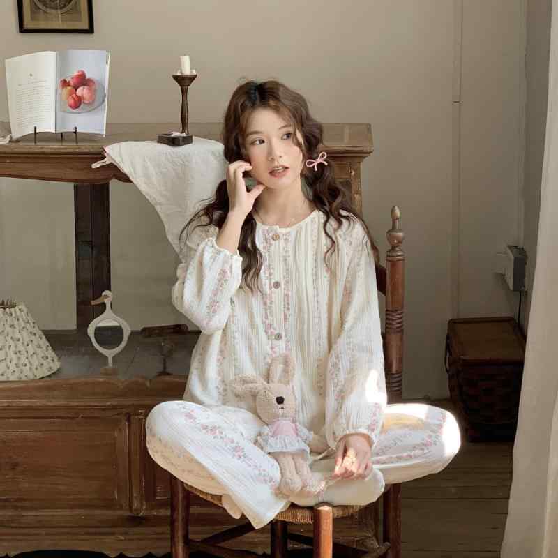 マタニティウェア レディース 授乳服 純綿 ガーゼ 長袖 パンツ 上下セット かわいい 部屋着 ルームウェ..