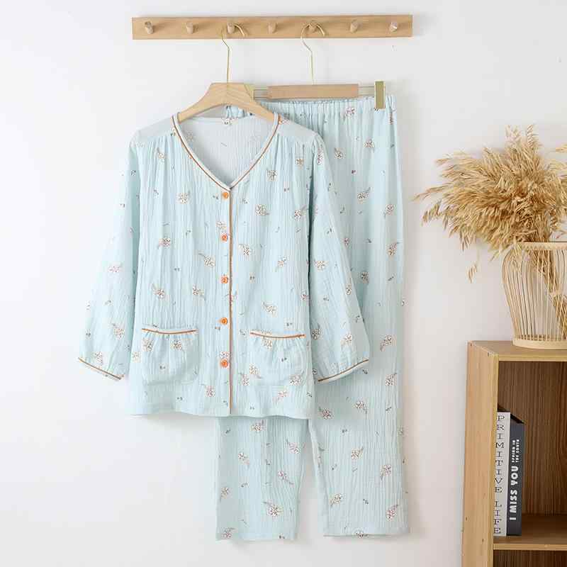 マタニティウェア レディース 授乳服 春夏 長袖 パジャマ 上下セット 綿100% ダブルガーゼ 吸汗 通気 ..