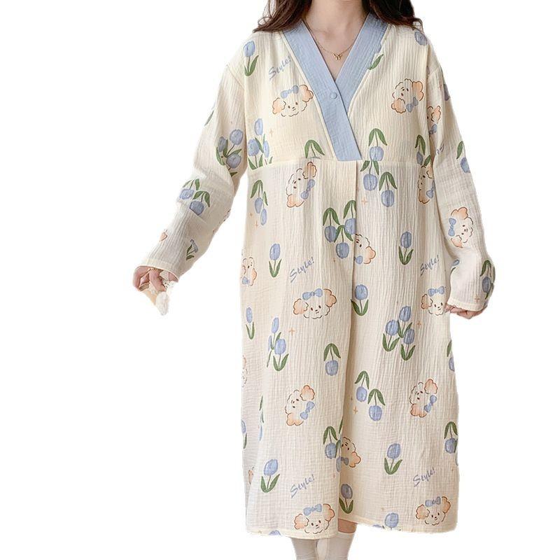 マタニティウェア 授乳服 妊婦 産褥 産後 パジャマ ワンピース 綿100% ガーゼ Vネック 長袖 薄手 春夏..