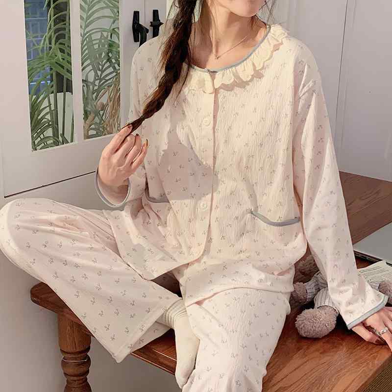 マタニティウェア 春夏 授乳服 大码 コットン 和風 長袖 パジャマ 上下セット 産後 授乳しやすい 部屋..