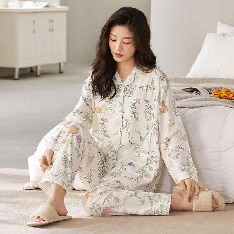 パジャマ レディース マタニティ 授乳服 春秋 7A抗菌 シルク 麻 綿 前開き 長袖 長ズボン 産前 産後 入..