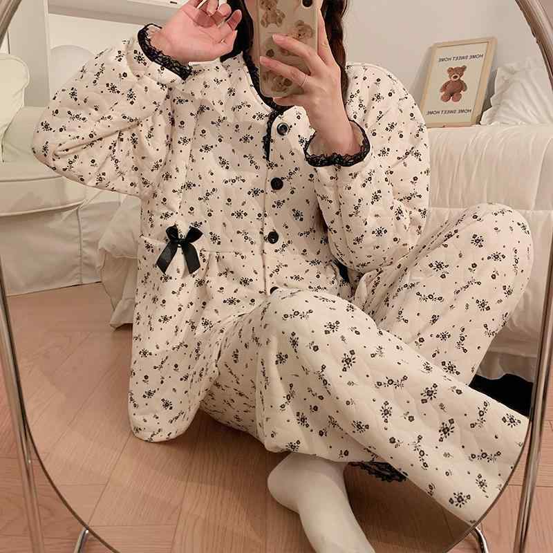 マタニティウェア 秋冬用 授乳服 上下セット パジャマ 部屋着 綿 長袖 長ズボン 厚手 産後 かわいい 大..