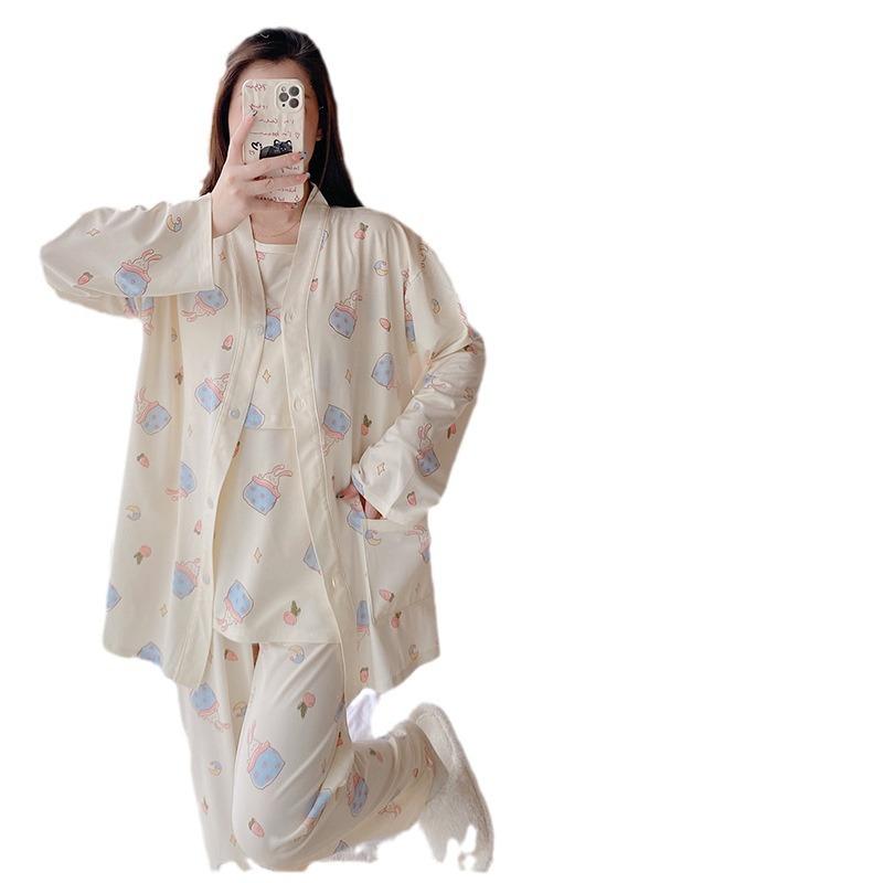 マタニティウェア 春秋 授乳パジャマ 3点セット ポリエステル 産後 ゆったり 長袖 ルームウェア L XL X..