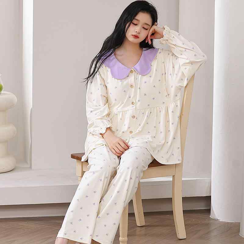 マタニティウェア レディース 授乳服 綿100% 上下セット 長袖 長ズボン 春秋 パープル グリーン 産前 ..