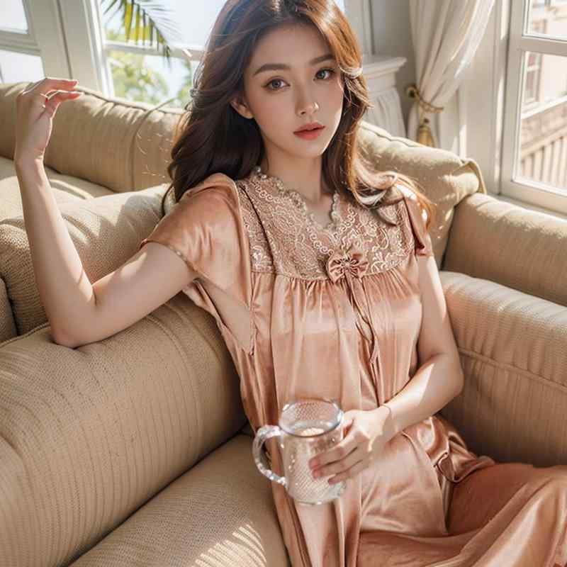 ワンピース レディース 接触冷感 レース Vネック 半袖 パジャマ ルームウェア 部屋着 粘纤 ゆったり 大..