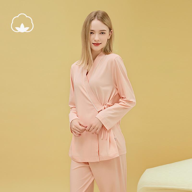 マタニティウェア レディース 妊婦 授乳 パジャマ ルームウェア 和服 全綿 コットン 長袖 長ズボン 春秋冬 ピンク パープル ホワイト M L XL XXL XXXL