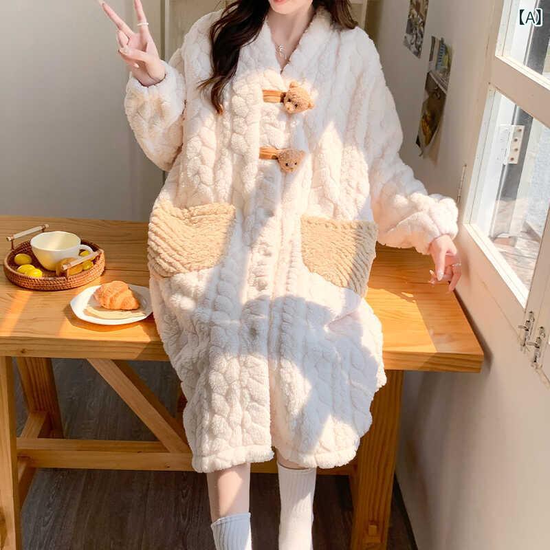 マタニティウェア レディース 授乳服 珊瑚绒 熊柄 パジャマ 厚手 あったか 冬 長袖 ワンピース ロング丈 部屋着 リラックス 産前 産後