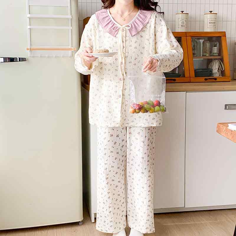 マタニティウェア レディース 授乳服 綿100% ガーゼ パジャマ 上下セット 春夏 長袖 長ズボン 前開き ..