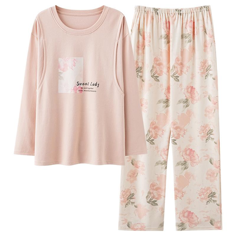 マタニティウェア レディース 授乳服 春秋 産後 授乳口付き 長袖 トップス パンツ 上下セット ルームウ..