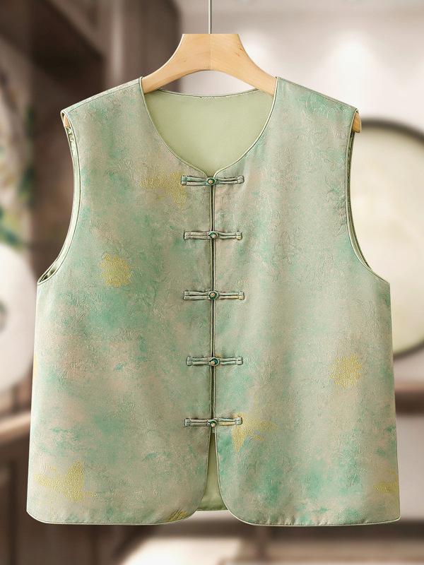 ベスト レディース ママ 服 春夏 プリント 中華風 チャイナ風 立ち襟 くるみボタン 体型カバー スタイ..