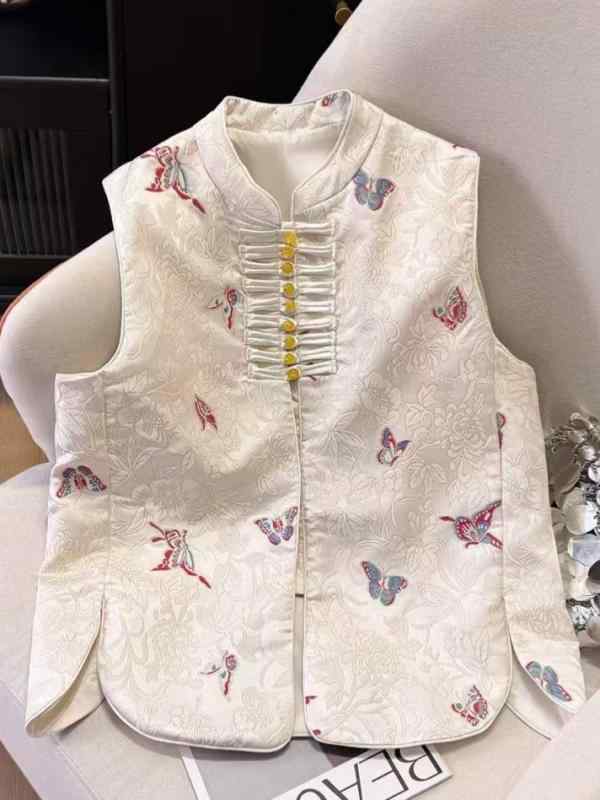 ベスト レディース 春物 刺繍入り チャイナ風ボタン 提花 ミセス ベスト トップス M L ピンク系 イエロ..