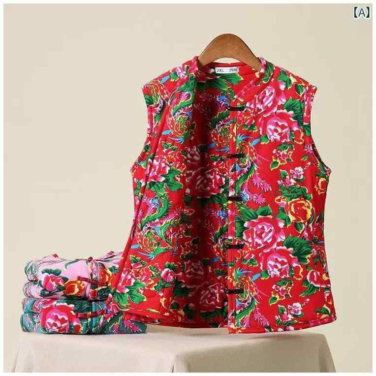 ベスト レディース 中高年向け あったか裏地 チョッキ ゆったり 花柄 襟なし 前開き ポリエステル 防寒..