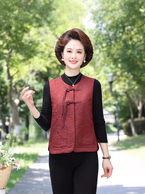 ベスト レディース ミセス ファッション 中華風 ポリエステル ポケット付き ゆったり ラウンドネック ..