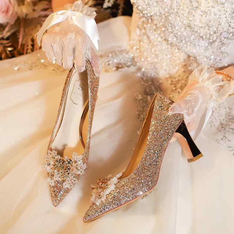 ウェディングシューズ レディース ブライダル シューズ グリッター ウェディング サンダル 2way 結婚式 パンプス ハイヒール 太ヒール ポインテッドトゥ ...