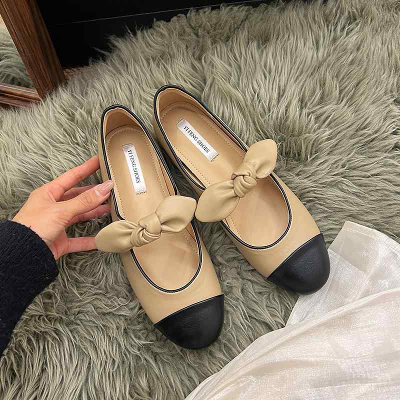 パンプス レディース マリージェーンシューズ ローヒール ラウンドトゥ 花柄 切り替え 配色 婦人靴 かわいい 公主風 フラット ぺたんこ 杏色 銀色 春夏 秋...