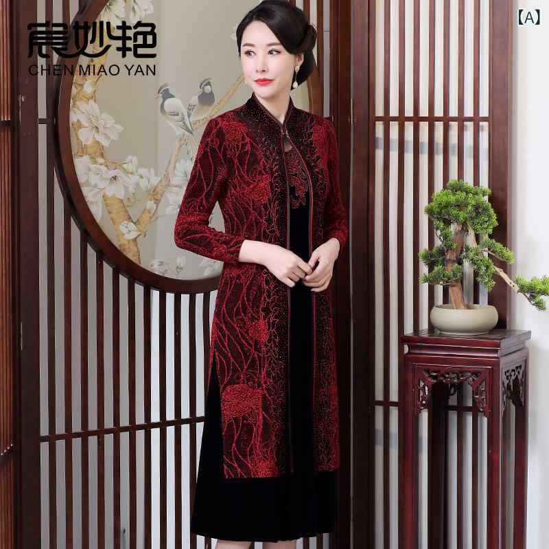 ワンピース レディース シニア 秋冬 2点セット ベルベット 花柄 結婚式 パーティー ドレス お呼ばれ 立..