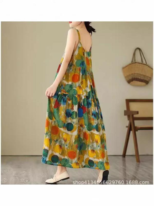 ワンピース レディース ノースリーブ Aライン ゆったり 膝下丈 ポリエステル プリント柄 リゾート 普段..