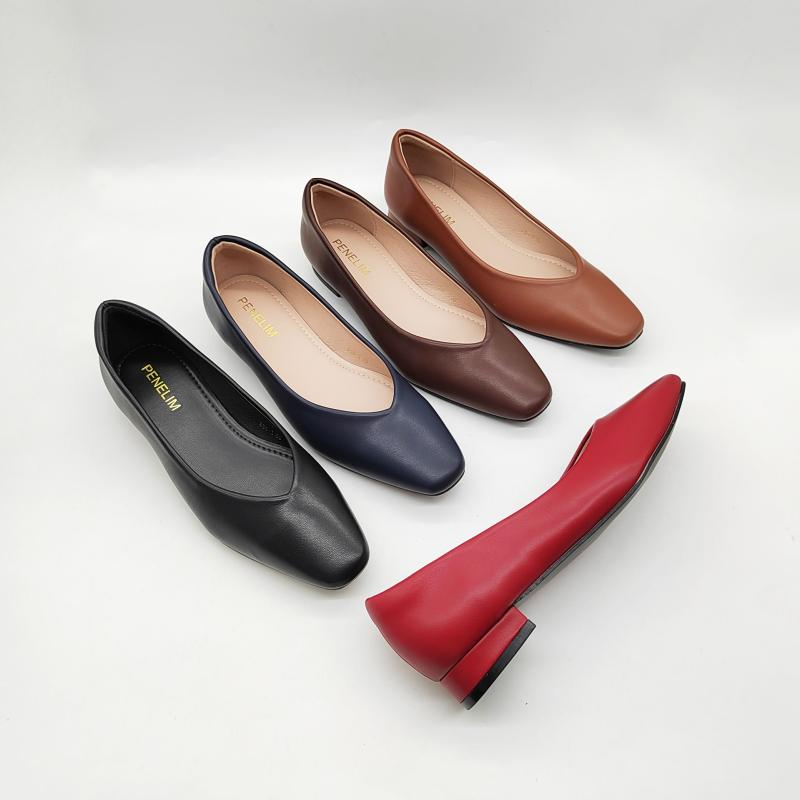 パンプス レディース 婦人靴 スクエアトゥ 太ヒール チャンキーヒール ローヒール フラット ぺたんこ PUレザー 合成皮革 無地 スムース スエード調 黒 ブ...