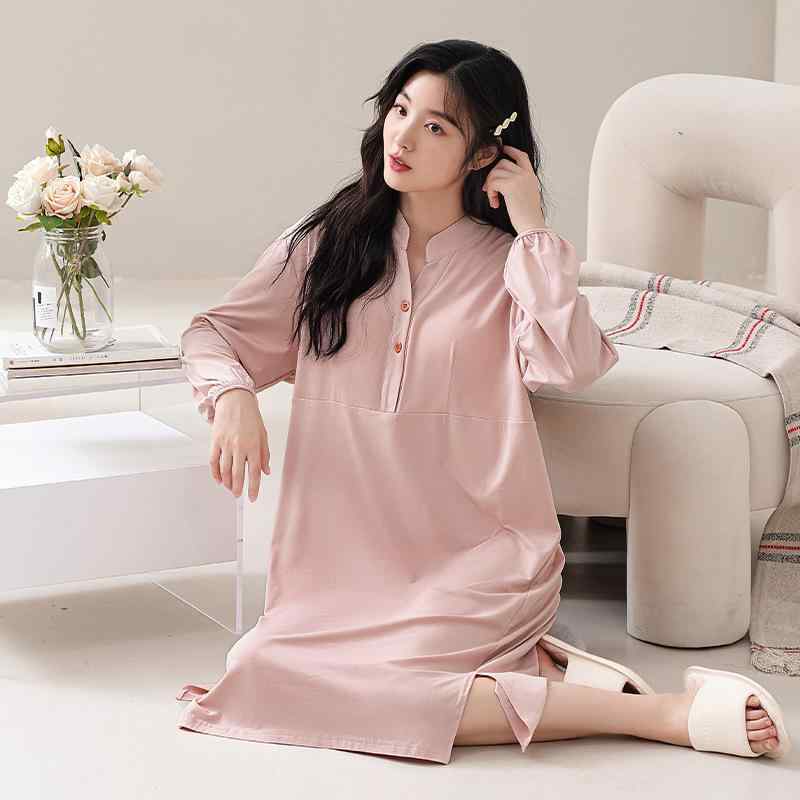 ワンピース レディース 秋冬 長袖 綿 パジャマ 前開き 授乳 マタニティ ルームウェア ロング丈 M L XL ..