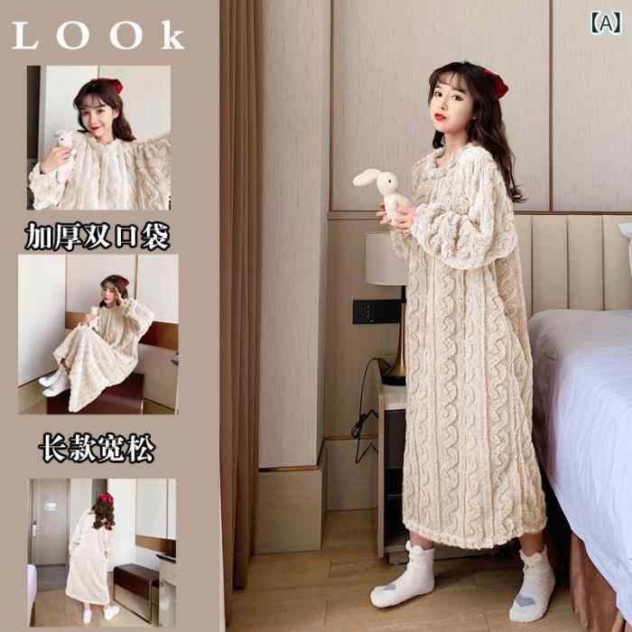 パジャマ レディース 大きいサイズ 厚手 フリース 妊婦 部屋着 ワンピース ラウンドネック 長袖 ポリエ..