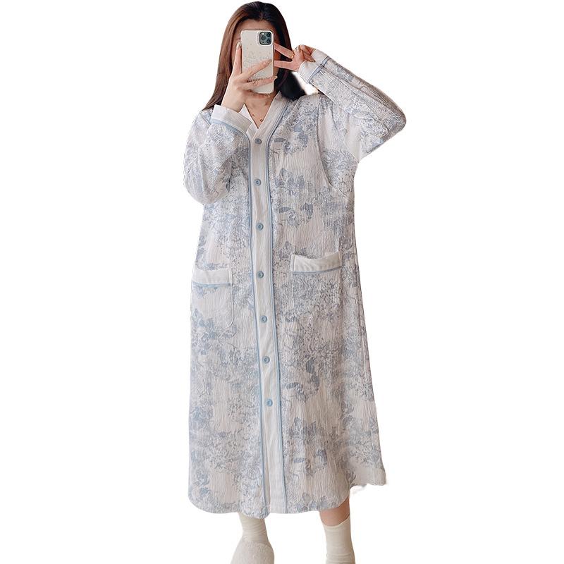 マタニティウェア レディース 授乳パジャマ ワンピース コットン 春秋 薄手 長袖 前開き ロング丈 産前..