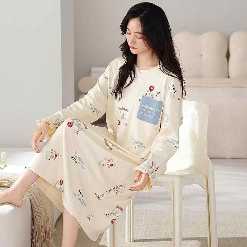ワンピース レディース パジャマ ルームウェア 春秋 長袖 綿100% 部屋着 婦人服 かわいい মিষ্টি おし..