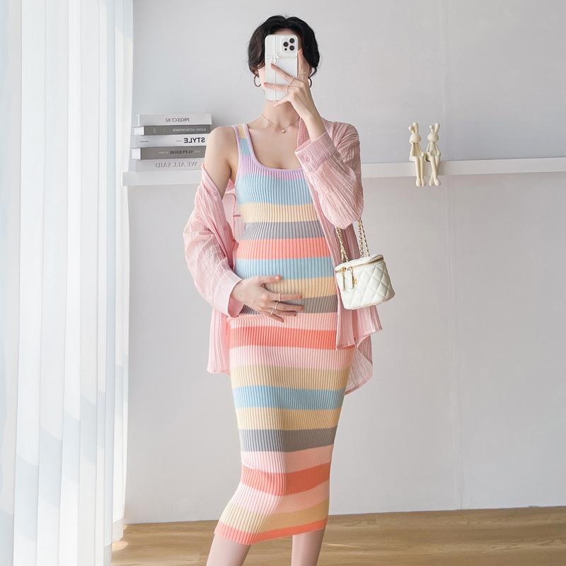 ワンピース レディース 春夏 ストライプ柄 ニット キャミソールワンピース 膝丈 スリム チュニック コ..