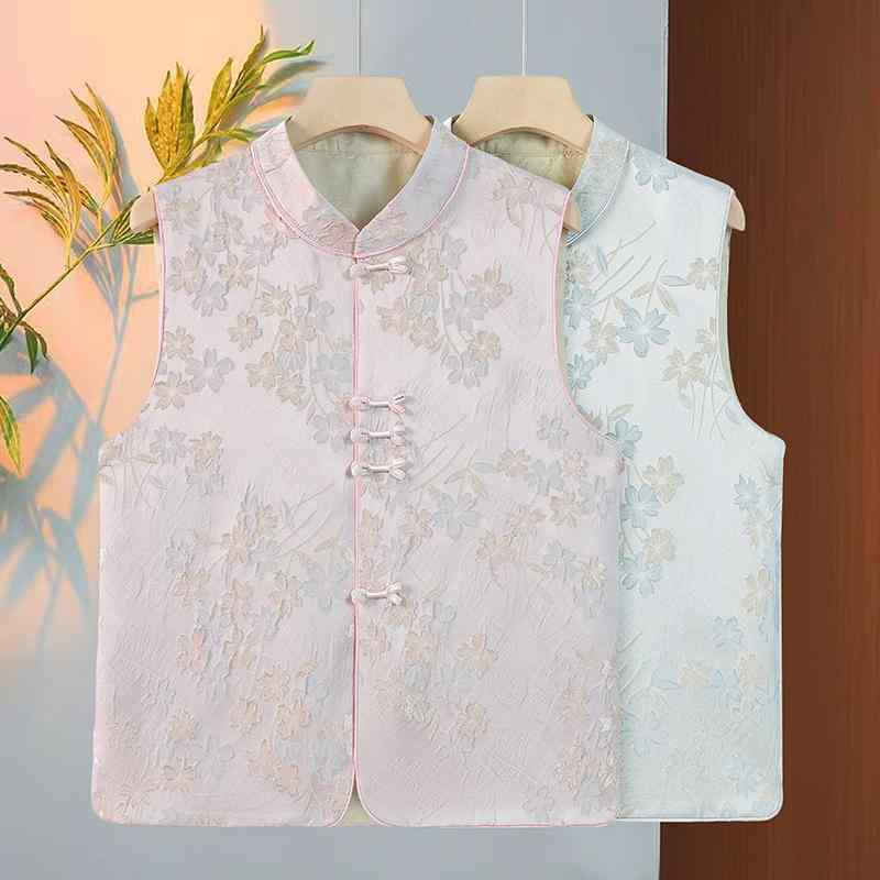 ベスト レディース ママ服 春秋 ポリエステル 花柄 チャイナ風 提花 民族衣装 レトロ ピンク系 水色