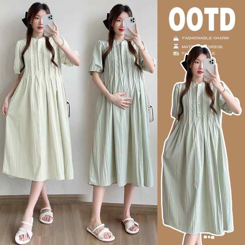 ワンピース レディース マタニティウェア 春夏 授乳服 半ハイネック 無地 ゆったり 快適 杏色 緑 M L X..