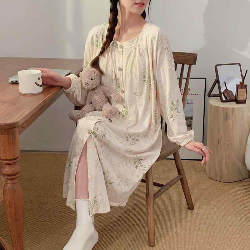 マタニティウェア レディース 授乳パジャマ ワンピース 春夏 産後 授乳服 ポリエステル 綿 混紡 長袖 薄手 花柄 杏色 葉っぱ柄 部屋着 ルームウェア かわいい