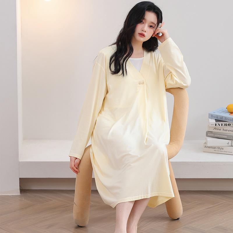 ワンピース レディース 授乳服 産後 マタニティ モダール 長袖 パッド付き 春夏秋冬 部屋着 杏色 ブル..