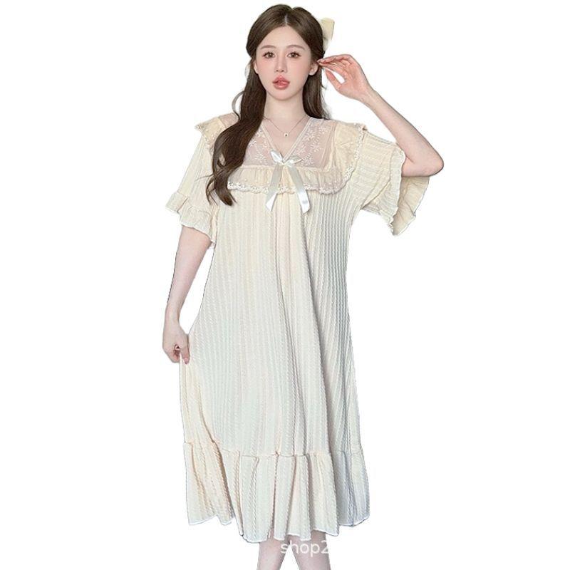 ワンピース レディース パジャマ 春夏 接触冷感 レース Vネック 7分袖 コットン 膝丈 মিষ্টি かわいい ..