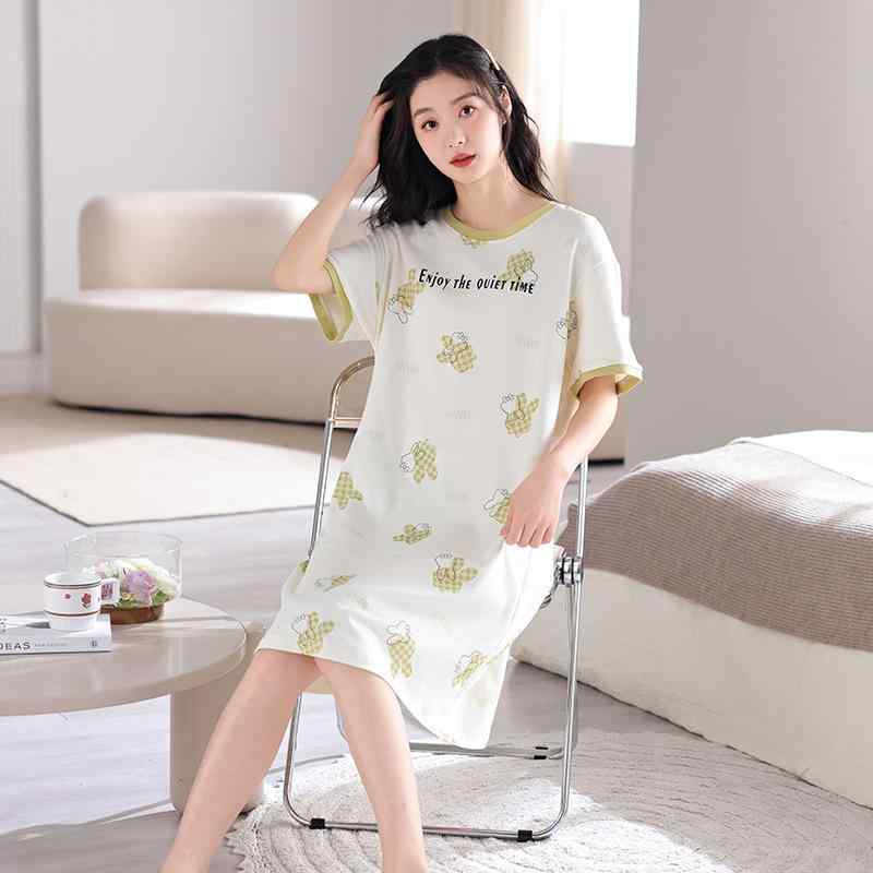 ワンピース レディース 半袖 コットン100% ルームウェア 部屋着 膝丈 M L XL XXL ゆったり ラウンドネ..