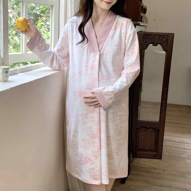 ワンピース レディース マタニティ パジャマ Vネック 長袖 ルームウェア 部屋着 授乳 産後 ゆったりサ..