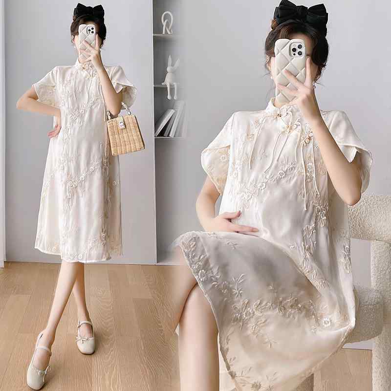 マタニティワンピース 夏 半袖 杏色 チャイナドレス風 ロングワンピース 小柄 ファッション 妊婦 部屋..