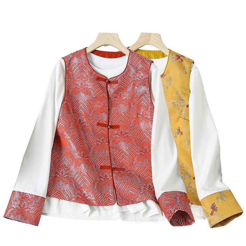 ベスト レディース ママ 婦人服 中国風 花柄 ラウンドネック ポリエステル レトロ ゆったり 普段使い X..