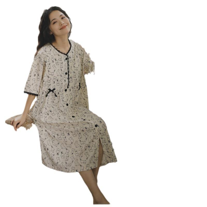 マタニティウェア レディース ワンピース 授乳服 産前産後 5分袖 パジャマ ルームウェア 薄手 ポリエス..