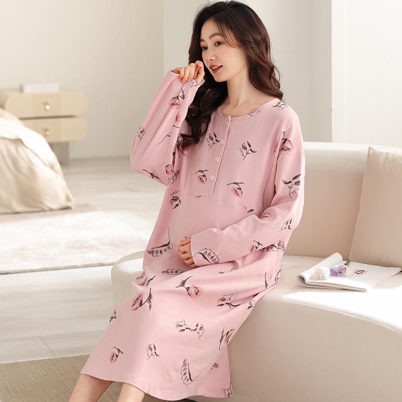 マタニティ パジャマ レディース 授乳服 ワンピース 春秋 長袖 薄手 産後 授乳口付き ポリエステル 部..