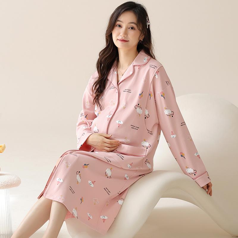 マタニティウェア レディース 授乳服 産後 パジャマ ワンピース 薄手 長袖 綿 ポリエステル 春夏 秋 妊..