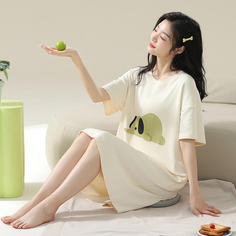ワンピース レディース 半袖 夏用 婦人用 パジャマ ルームウェア 部屋着 コットン100％ 丸首 象柄 涼し..