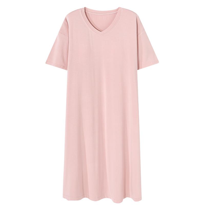 ワンピース レディース Vネック 膝丈 半袖 モダール 接触冷感 ゆったり 薄手 パッド付き ルームウェア ..
