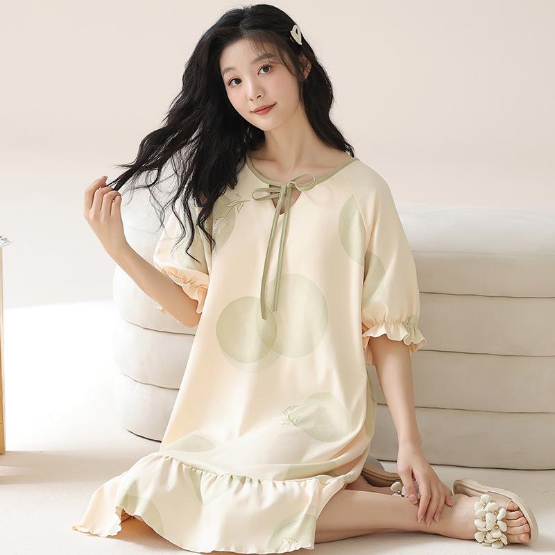 ワンピース レディース 半袖 ルームウェア 綿100％ 薄手 ラウンドネック 膝丈 部屋着 かわいい シンプ..