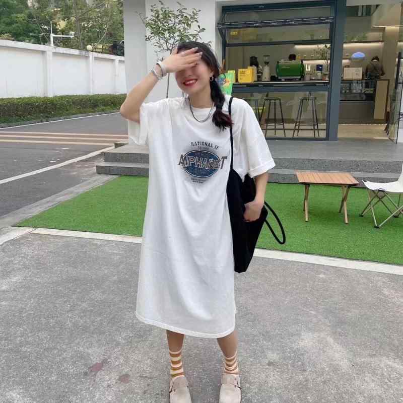 ワンピース レディース 大きいサイズ 半袖 ロング丈 Tシャツ スカート 膝下 ポリエステル ゆったり ラウンドネック 部屋着 普段使い 中国風 春夏 白 グレー 黒