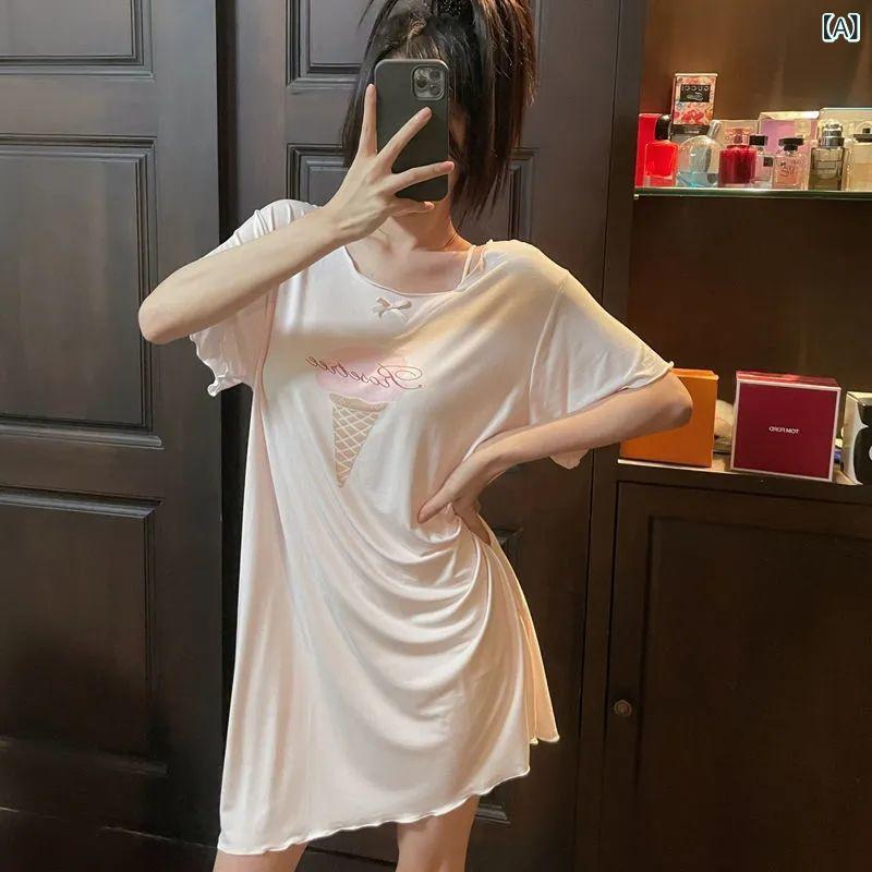 パジャマ レディース 春夏 半袖 ワンピース ラウンドネック かわいい プリント ゆったり 大きいサイズ マタニティ 部屋着 ルームウェア ポリエステル ピンク ホワイト