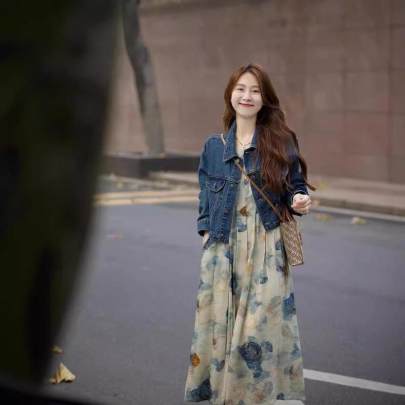 マタニティ ワンピース セットアップ デニム ジャケット 長袖 コットン 妊婦服 授乳服 ゆったり M L XL..