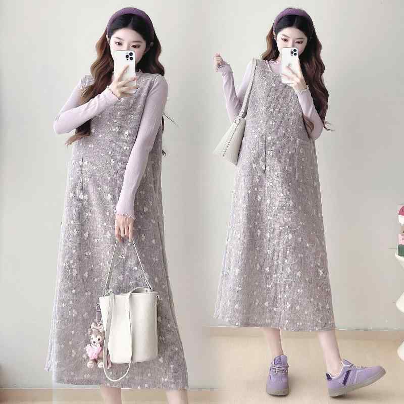 マタニティウェア 秋冬 背心ワンピース トップス セットアップ 刺繡 ジャガード ドット柄 ゆったり か..