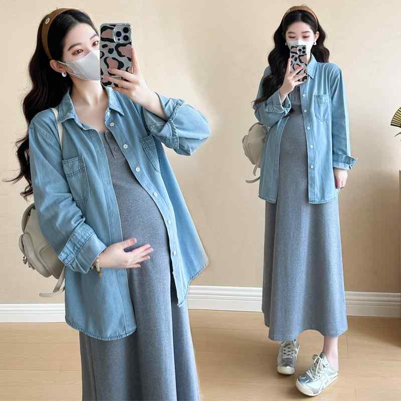 マタニティ セットアップ 春物 背心裙 デニム シャツ 2点セット 産前 産後 ゆったり 中 длинный丈 グレ..